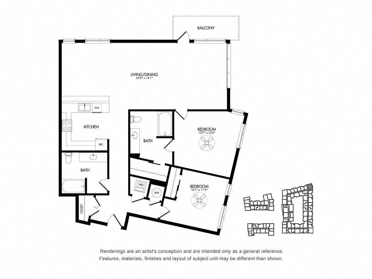 Floor plan layout diagram for 2K w/ Balcony